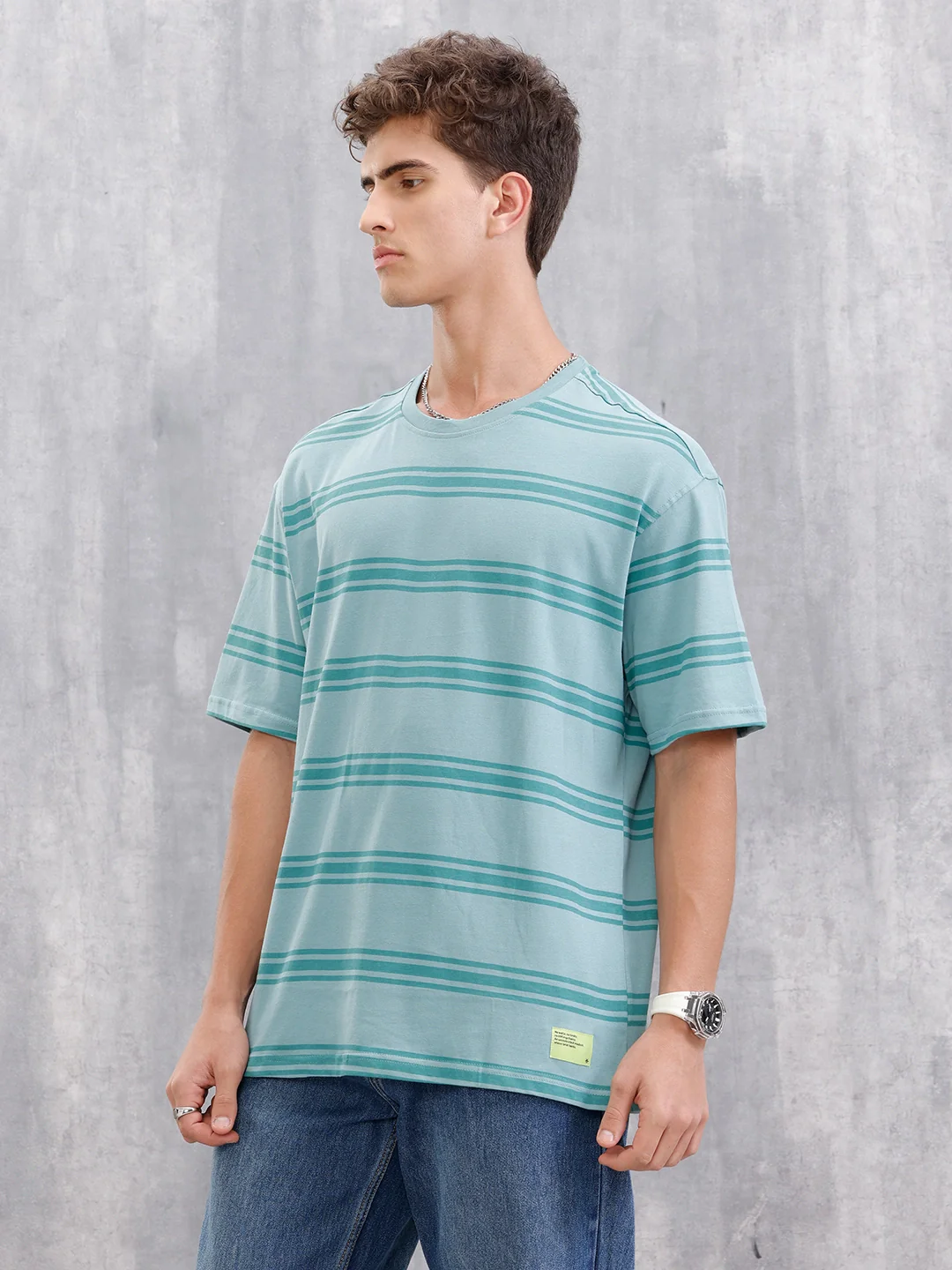 Tonal Printed All Over Striper Tee I Teal - Image 4