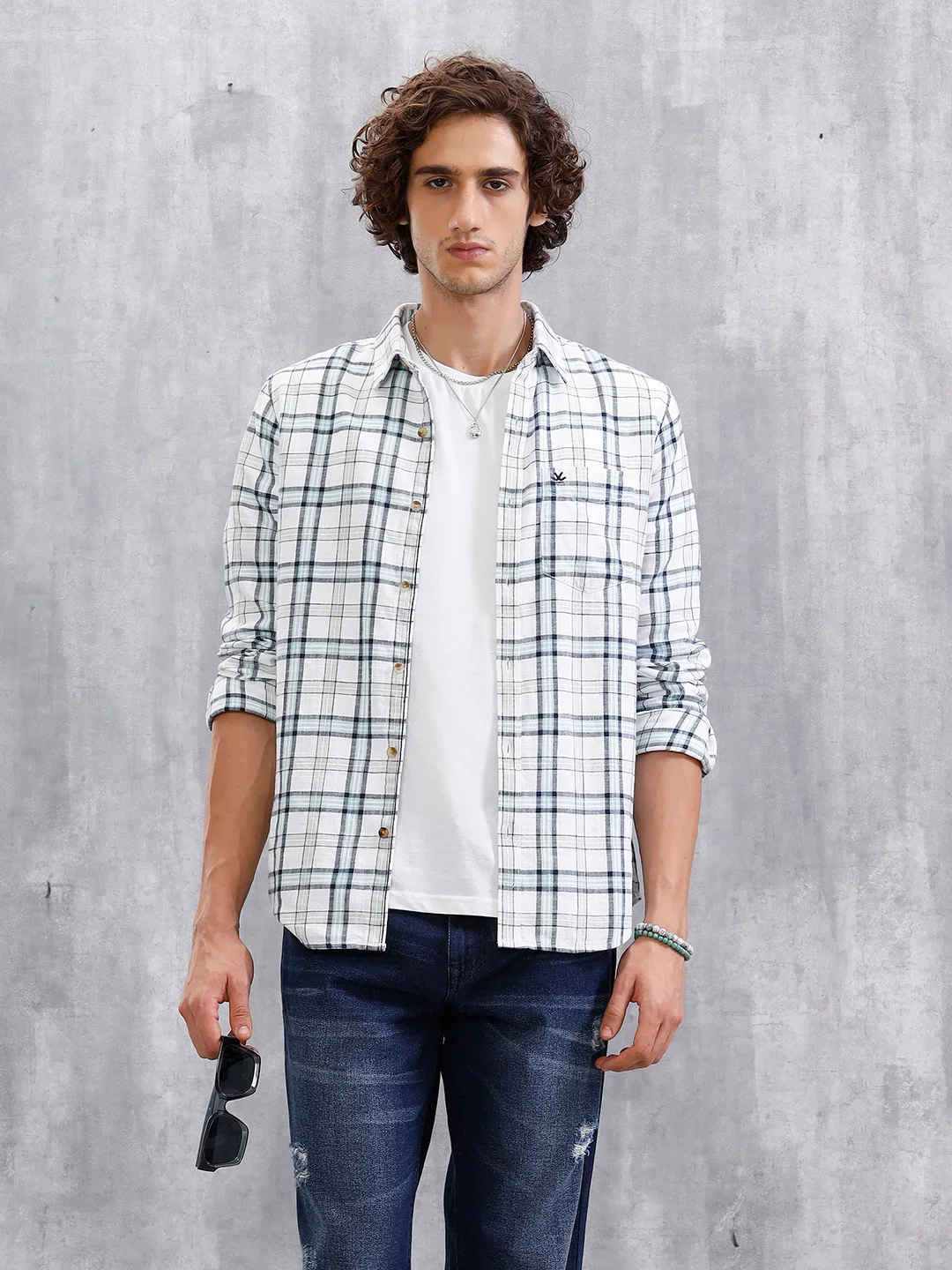 Twill Checkered Slim Fit Shirt | White - Image 3