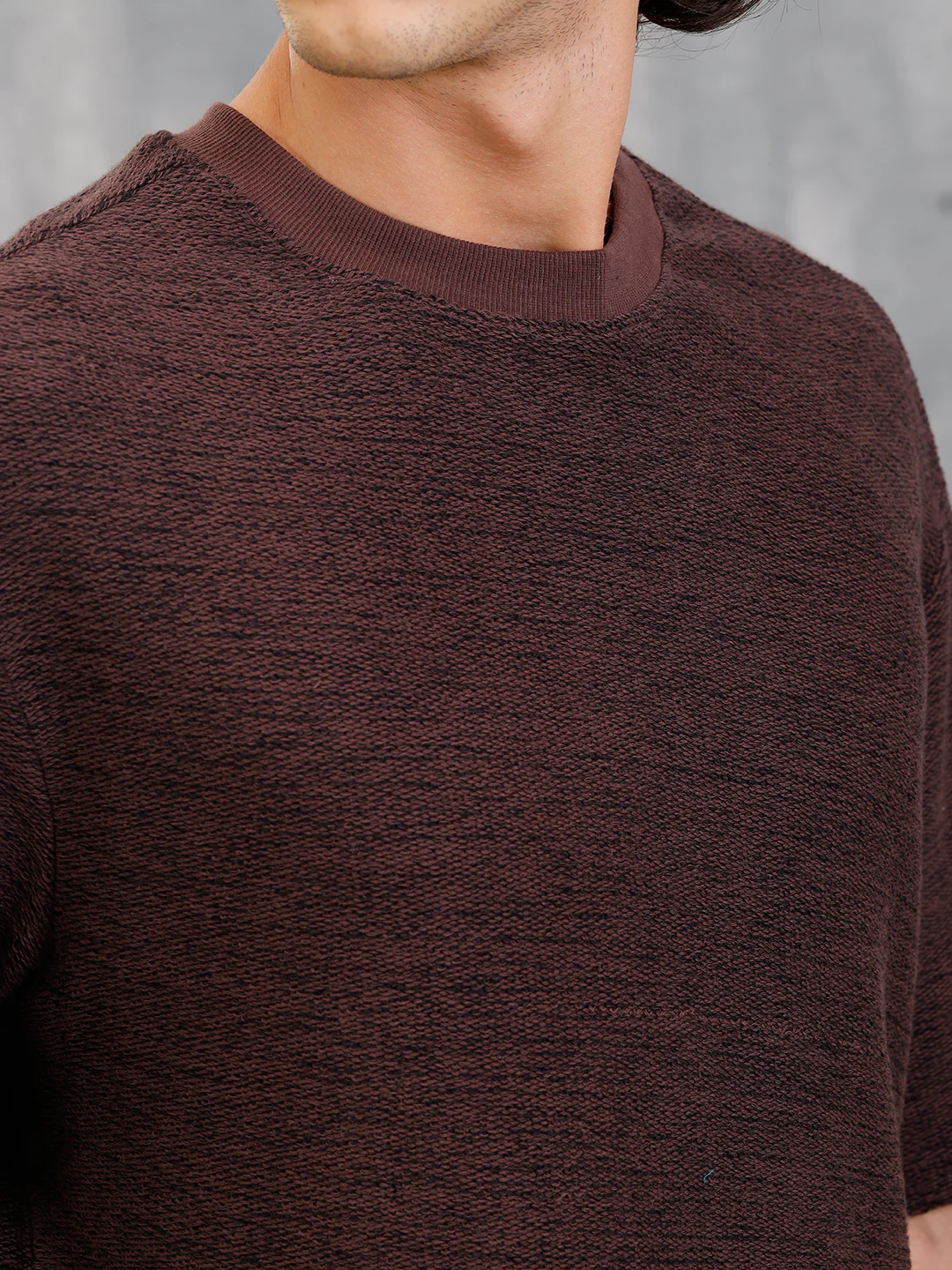 Two Tone Textured Slub Knit Oversized Crew Neck T-Shirt With Chunky Rib | Brown - Image 4