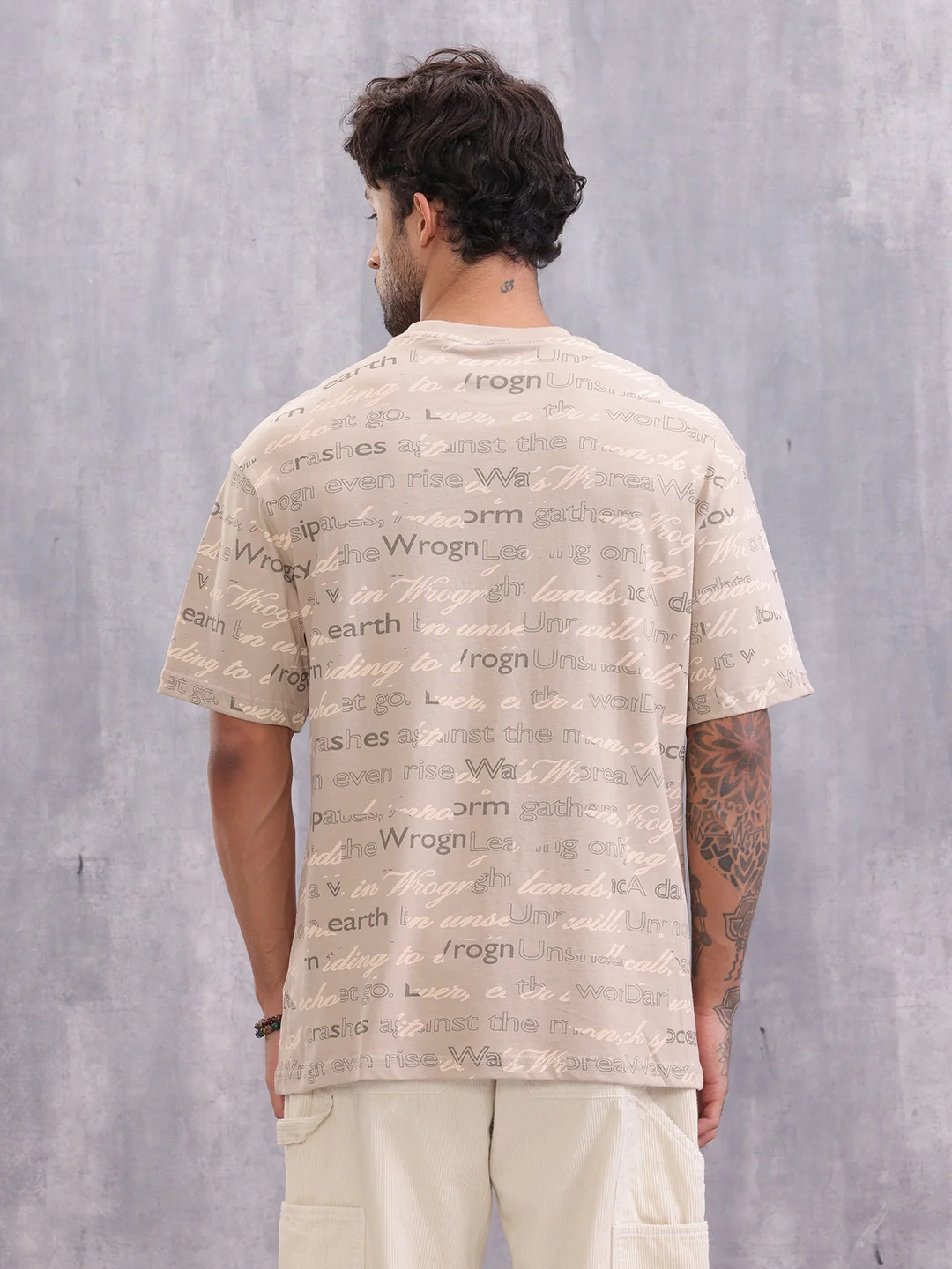 Typo Inspired Aop Oversized Fit T-shirt | Beige - Image 3
