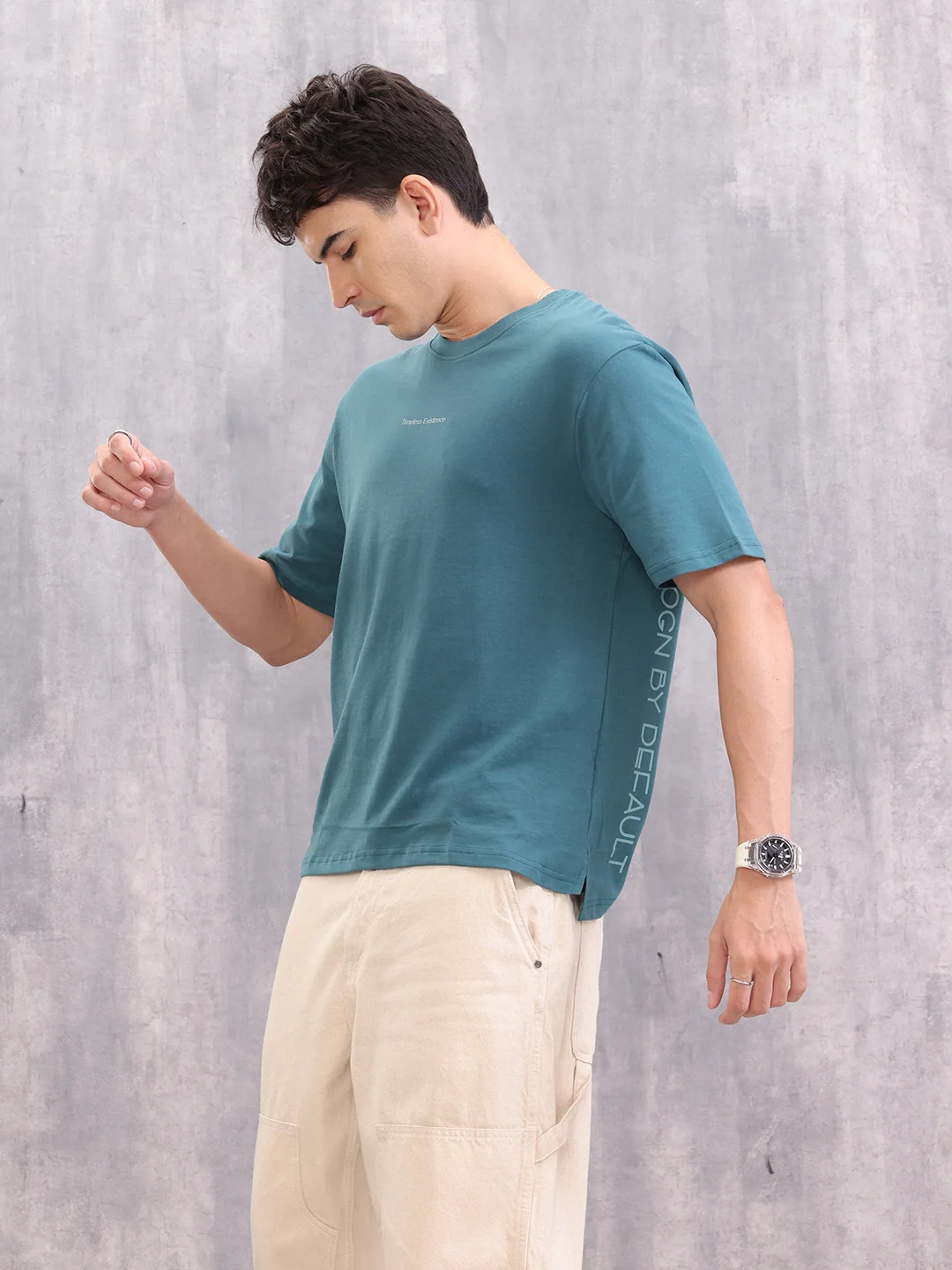 Typo Print Comfort Fit T-Shirt With High-Low Hem | Teal - Image 4