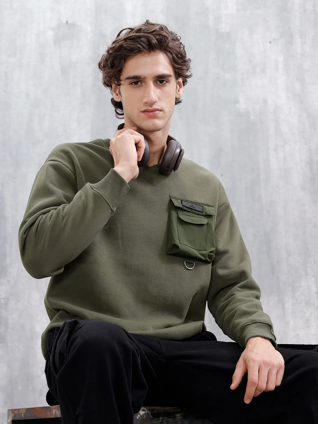 Utility Pocket Detail Casual Sweatshirt | Olive - Image 3