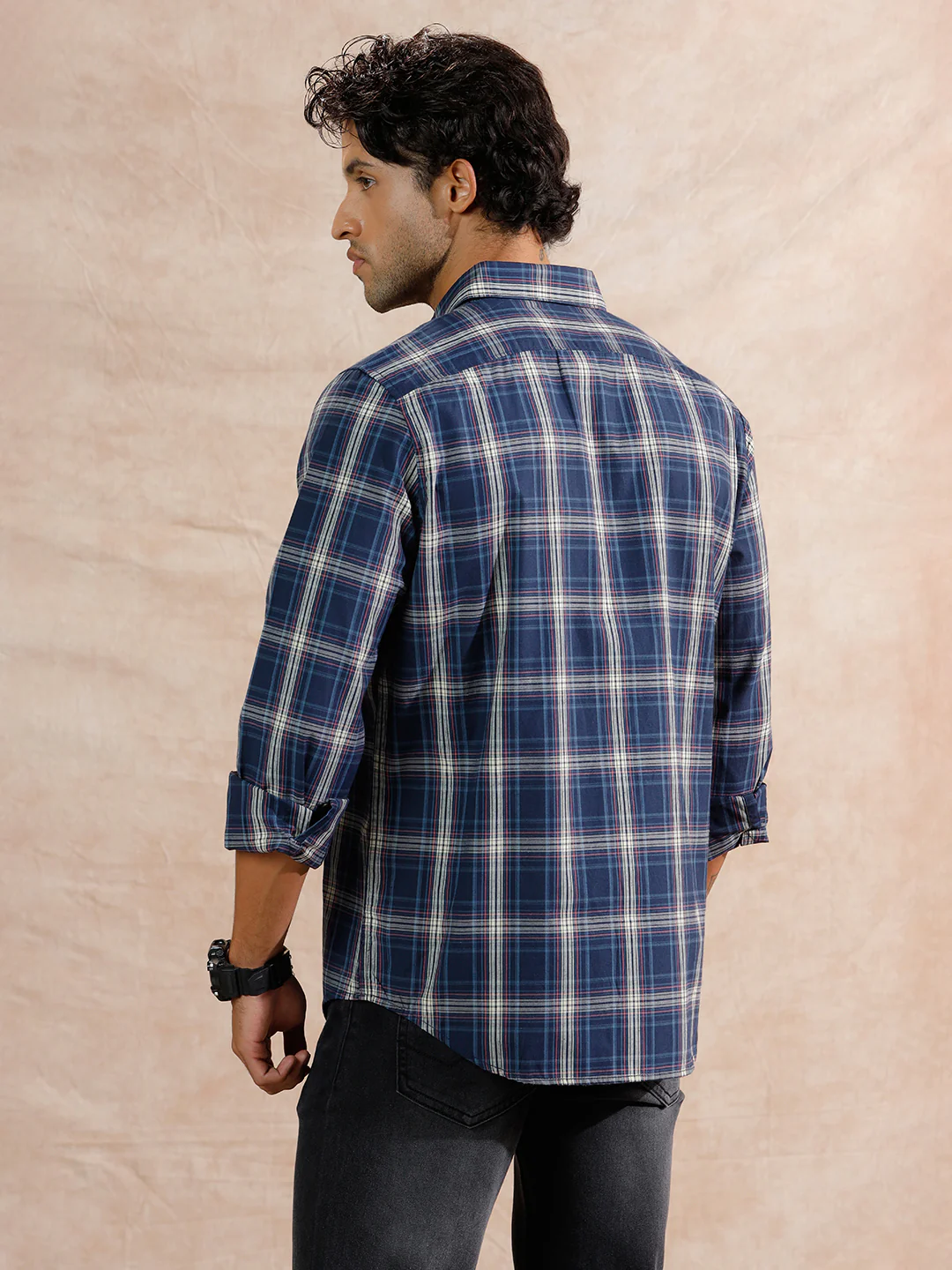 Variegated Checks Regular Fit Shirt  | Navy Blue - Image 3