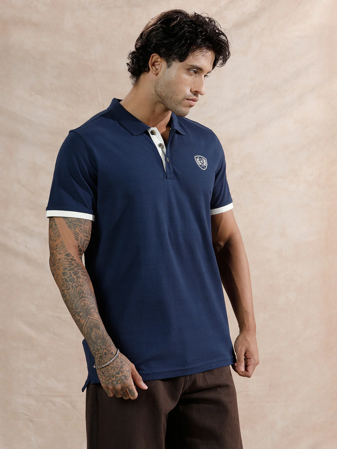 Varsity Crest Slim Fit Polo T-Shirt  | Navy Blue - Image 4