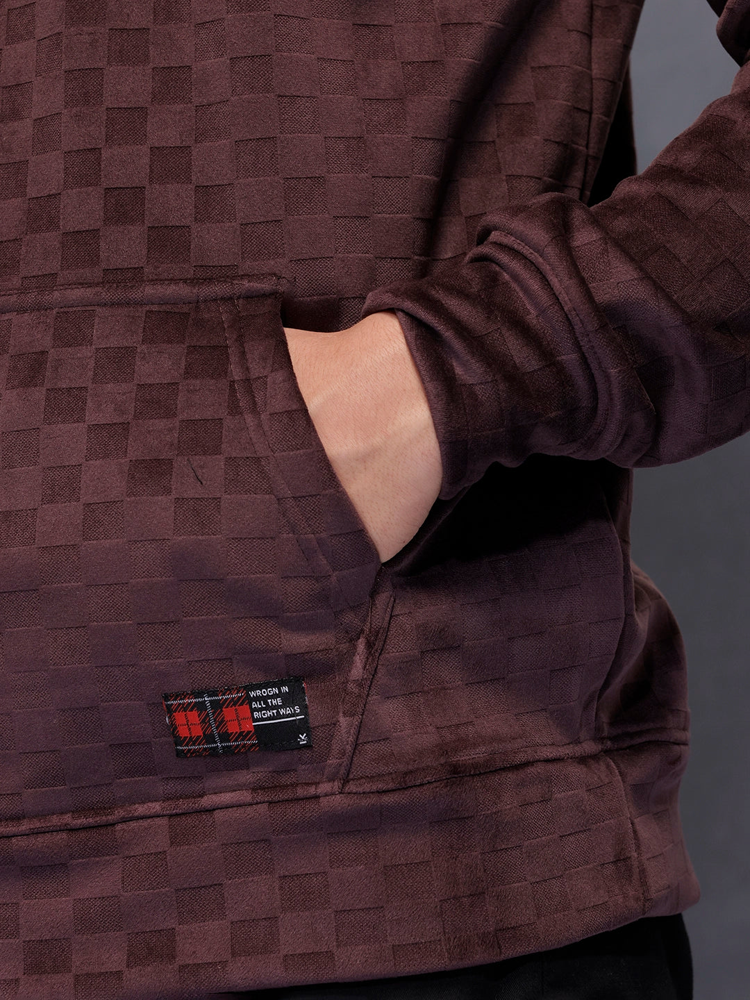 Velvet-finish Check-texture hoodie | Wine - Image 5