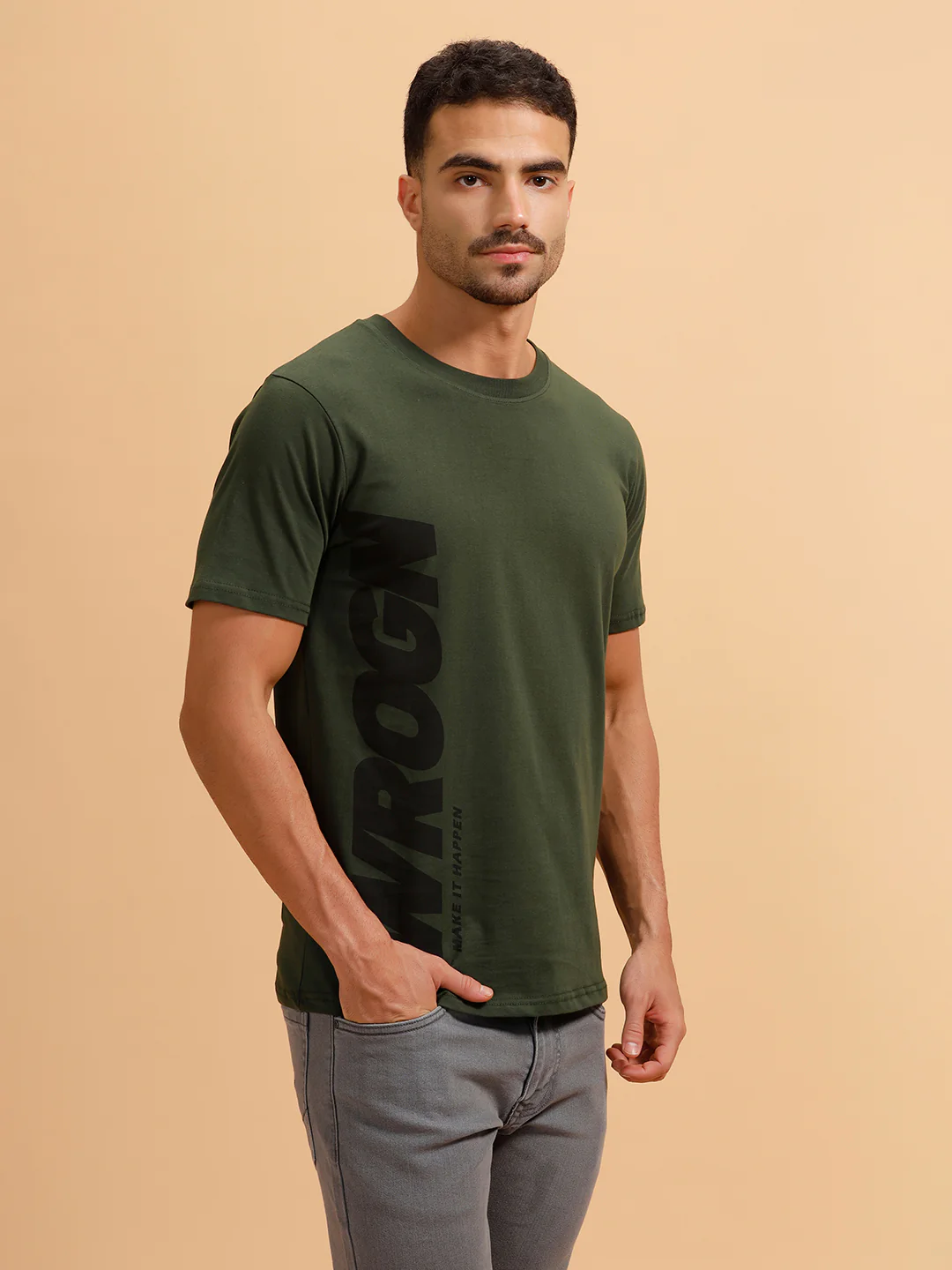 Vertical Typography Printed T-Shirt | Olive - Image 4