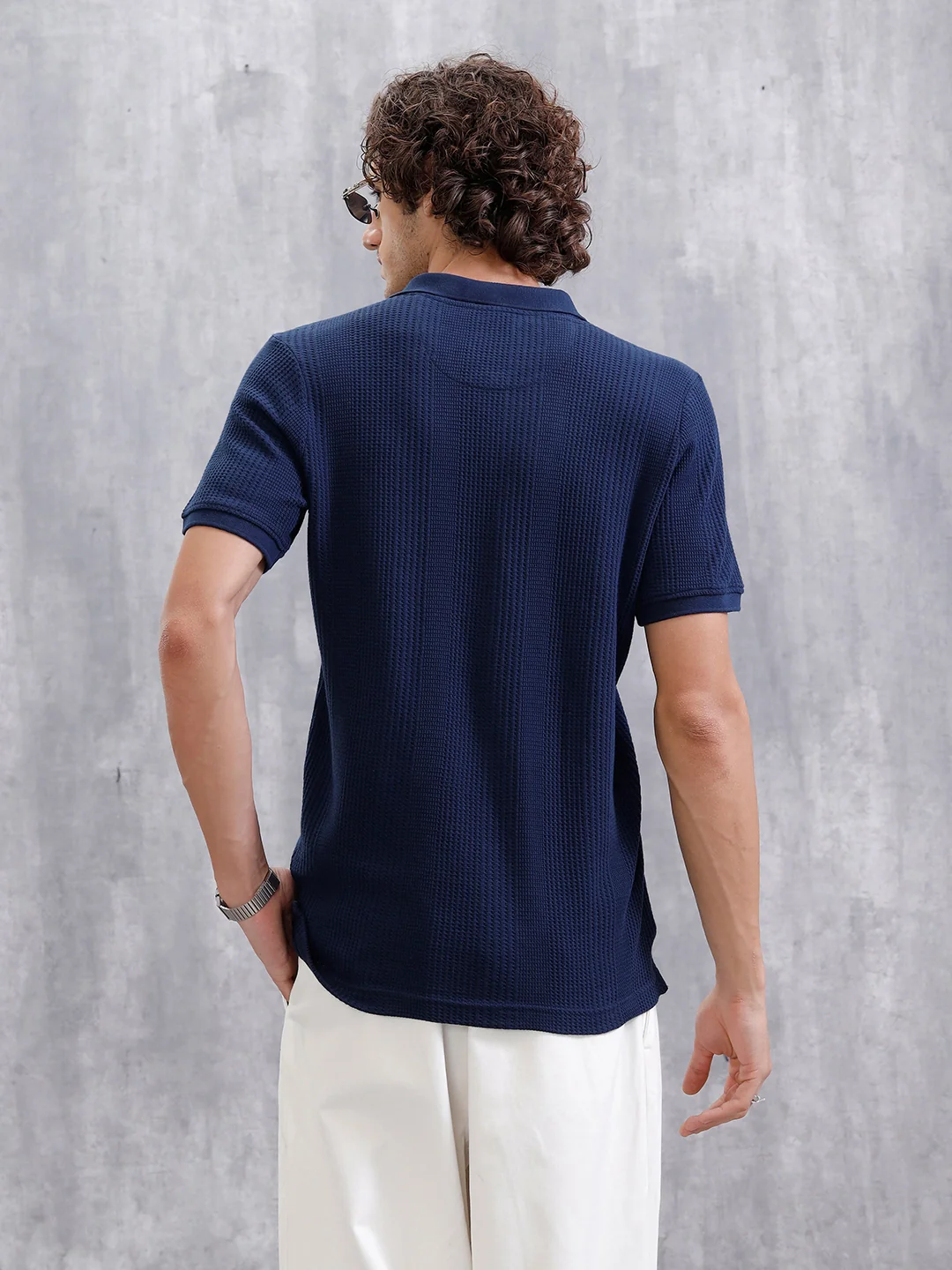 Waffle Textured Polo T-Shirt -  | Navy Blue - Image 6