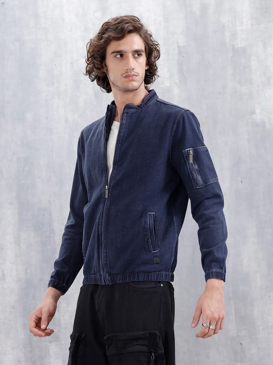 Washed Casual Men Denim Bomber Jacket | Blue - Image 3