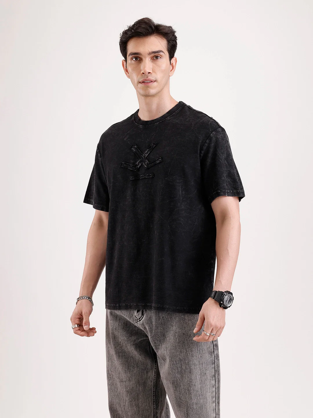 Washed Embroidery Patch T-Shirt   |  Black - Image 4