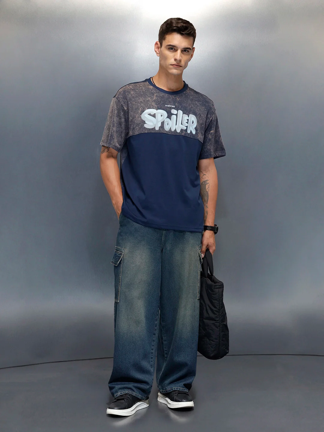 Washed Graphic Printed Oversized Fit T-Shirt | Blue - Image 2