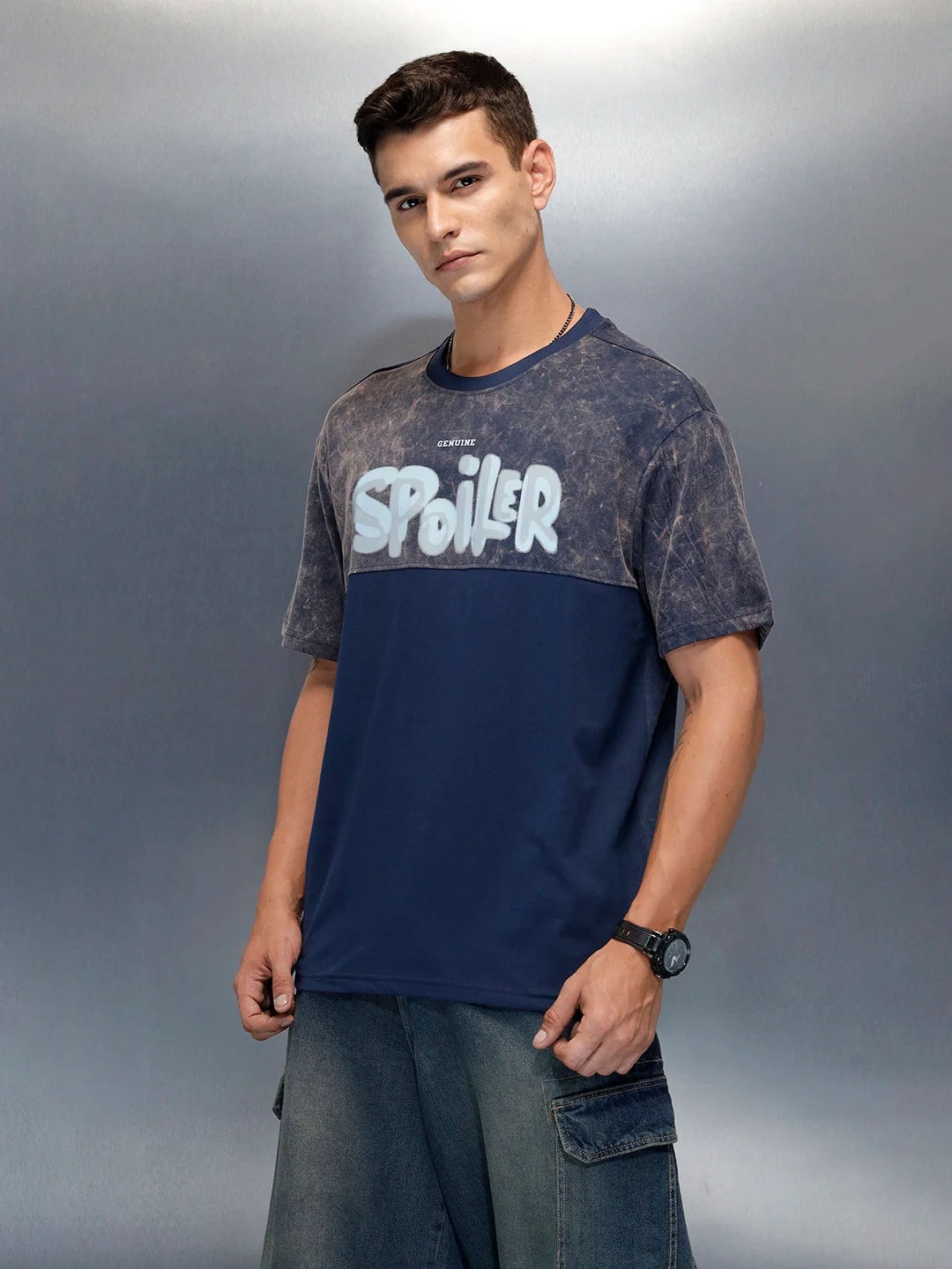 Washed Graphic Printed Oversized Fit T-Shirt | Blue - Image 4