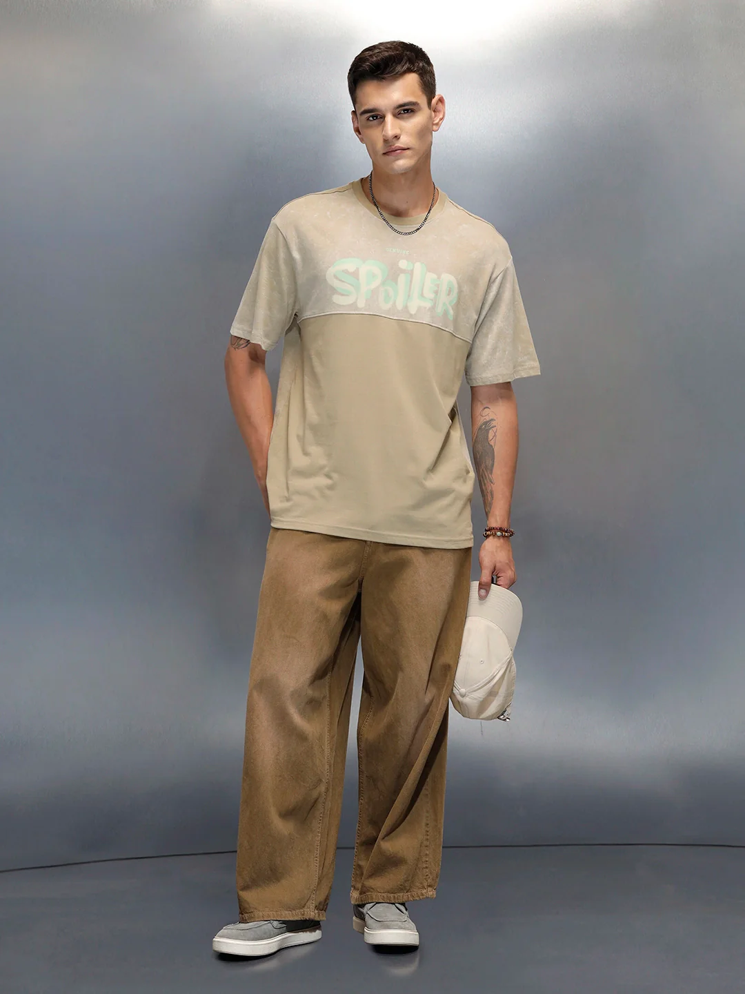 Washed Graphic Printed Oversized Fit T-Shirt | Khaki - Image 2