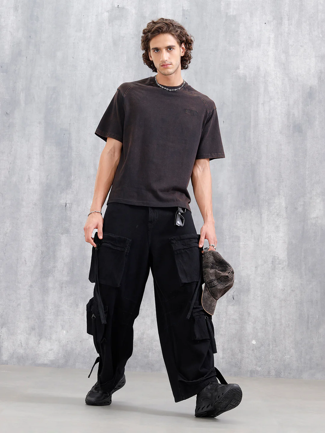Washed Oversized Crew Neck T-shirt With Embroidery | Black - Image 2