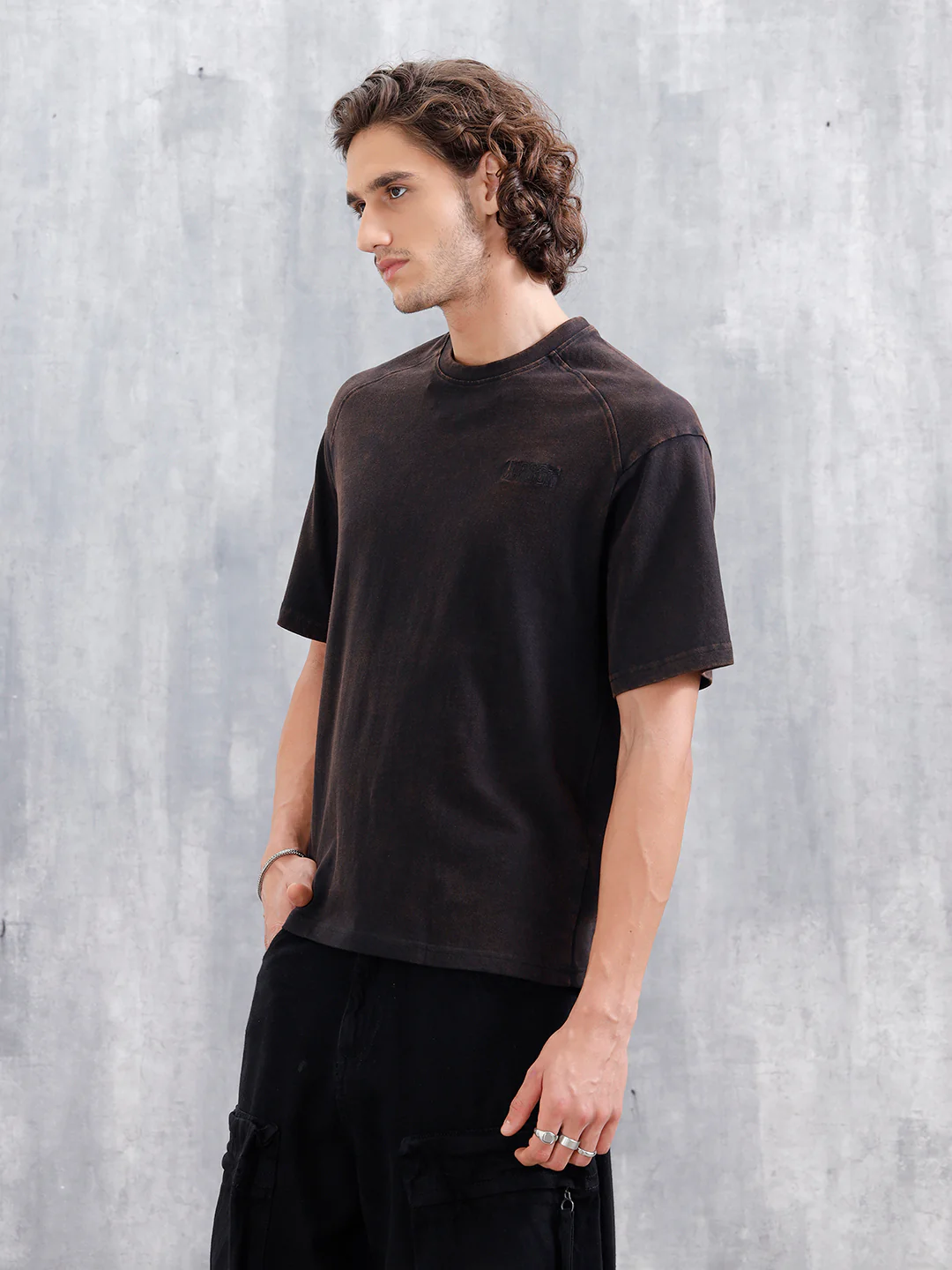 Washed Oversized Crew Neck T-shirt With Embroidery | Black - Image 4