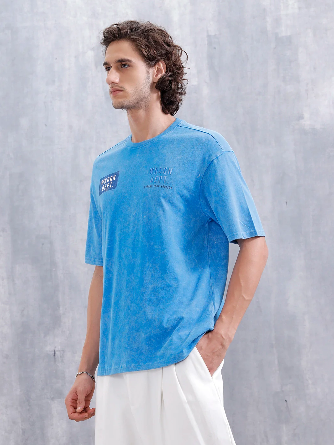 Washed Oversized Crew Neck Tshirt With Print | Blue - Image 4