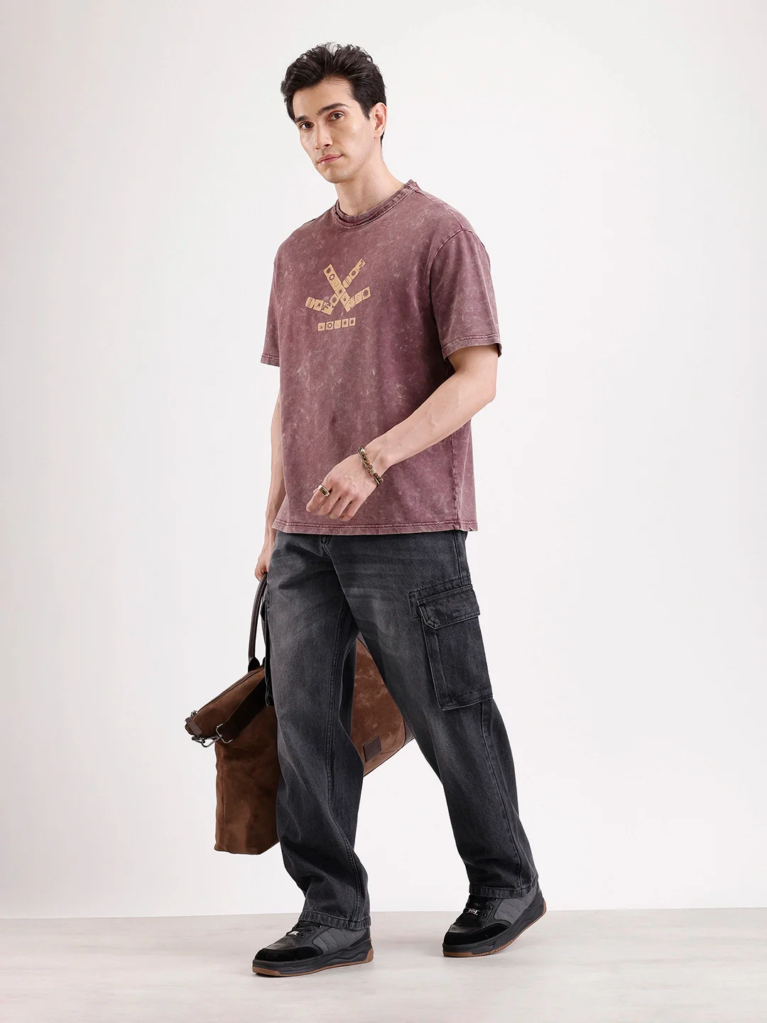 Washed Placement Printed Oversized T-Shirt   |  Maroon - Image 2