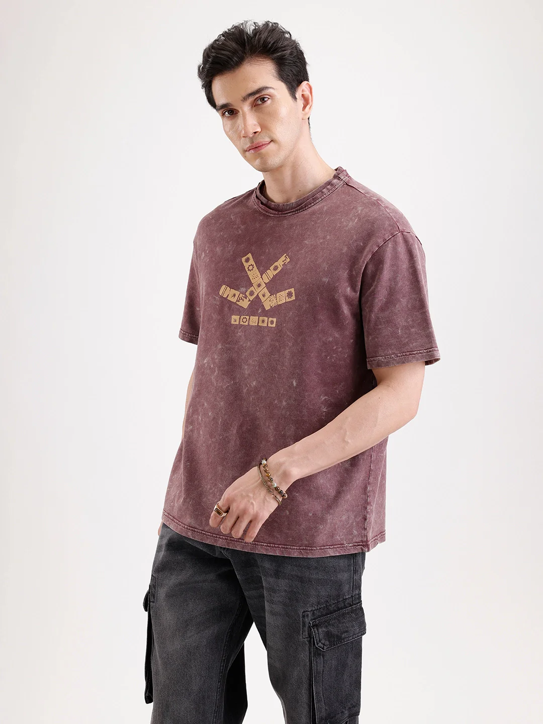 Washed Placement Printed Oversized T-Shirt   |  Maroon - Image 4