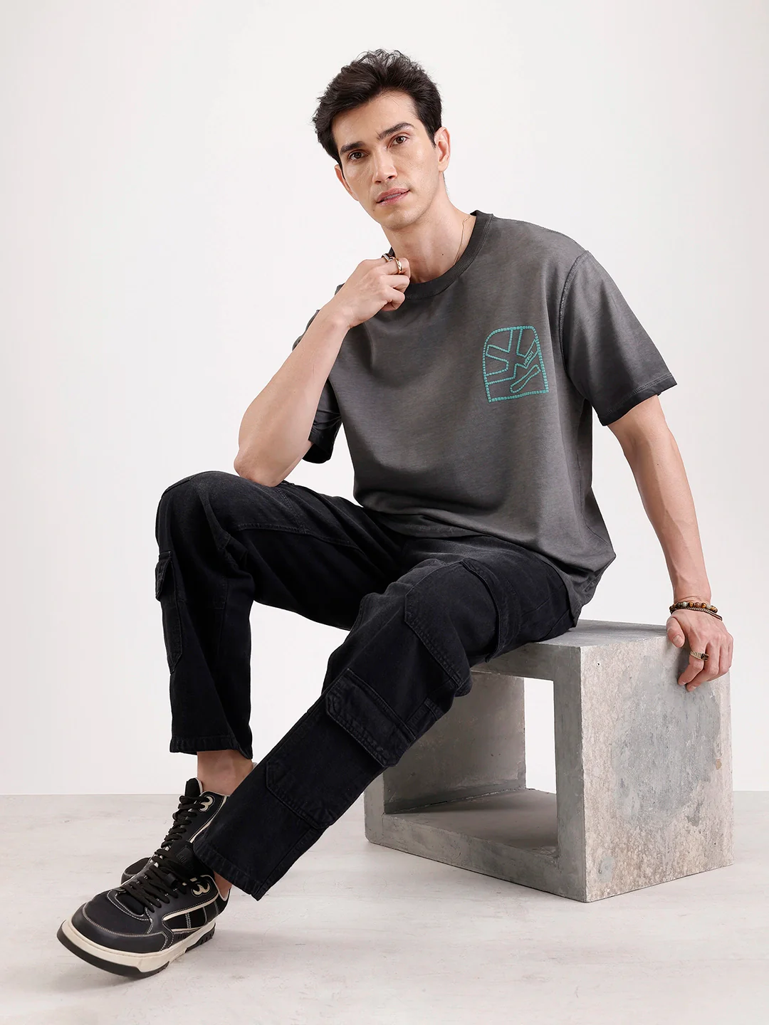 Washed Puff Printed Oversized T-Shirt   |  Black - Image 2