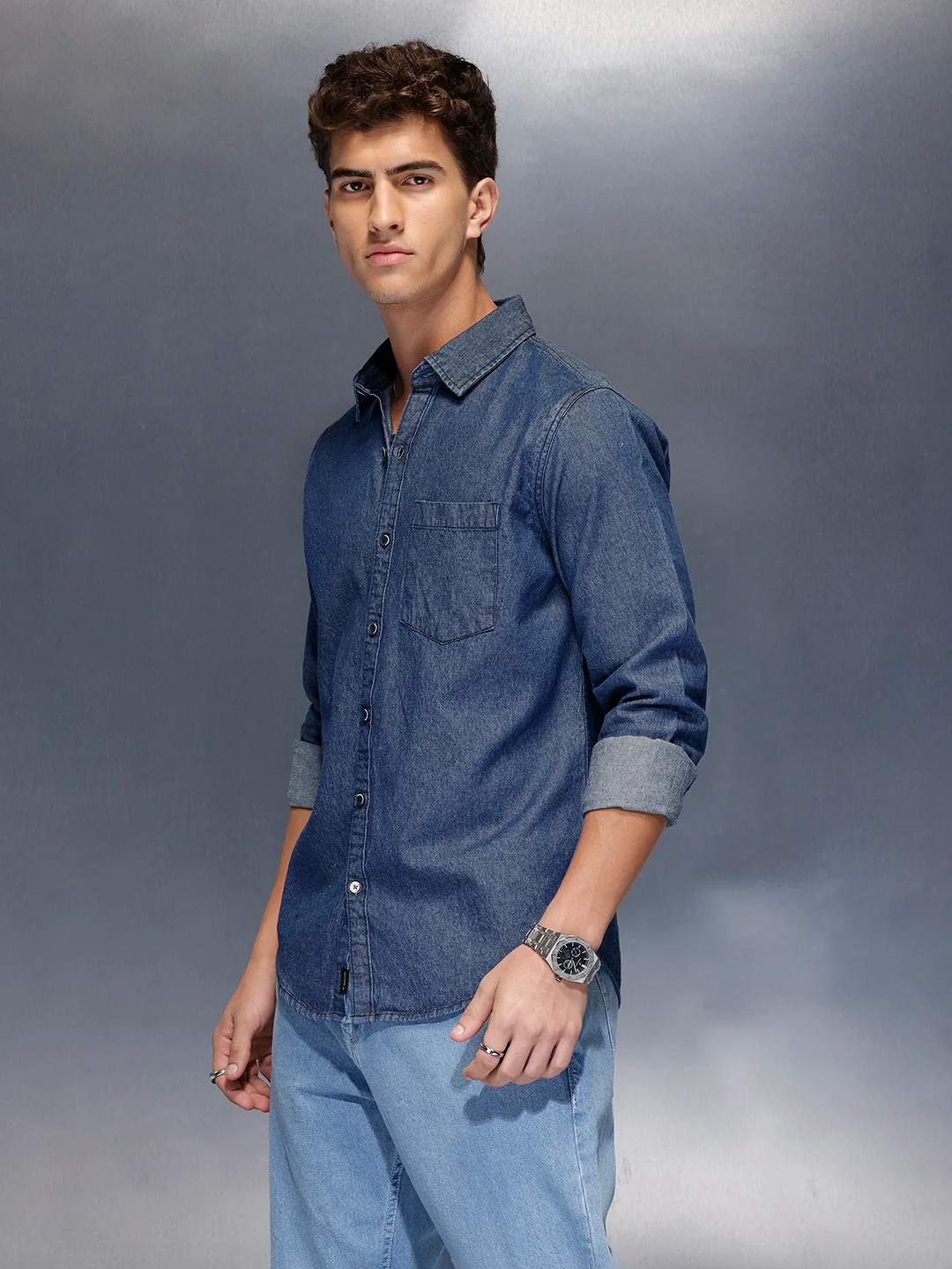 Washed slim fit denim shirt | Blue - Image 4