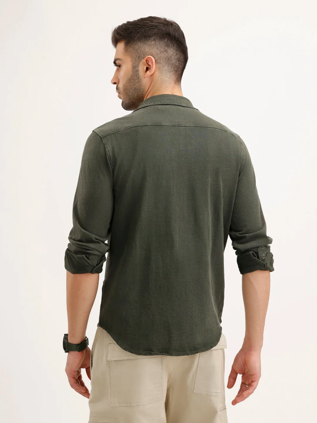 Washed Slim Fit Double Pocket Shirt | Olive - Image 3