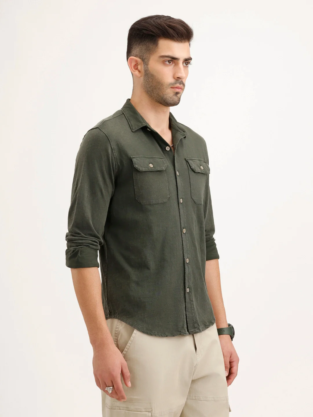 Washed Slim Fit Double Pocket Shirt | Olive - Image 4