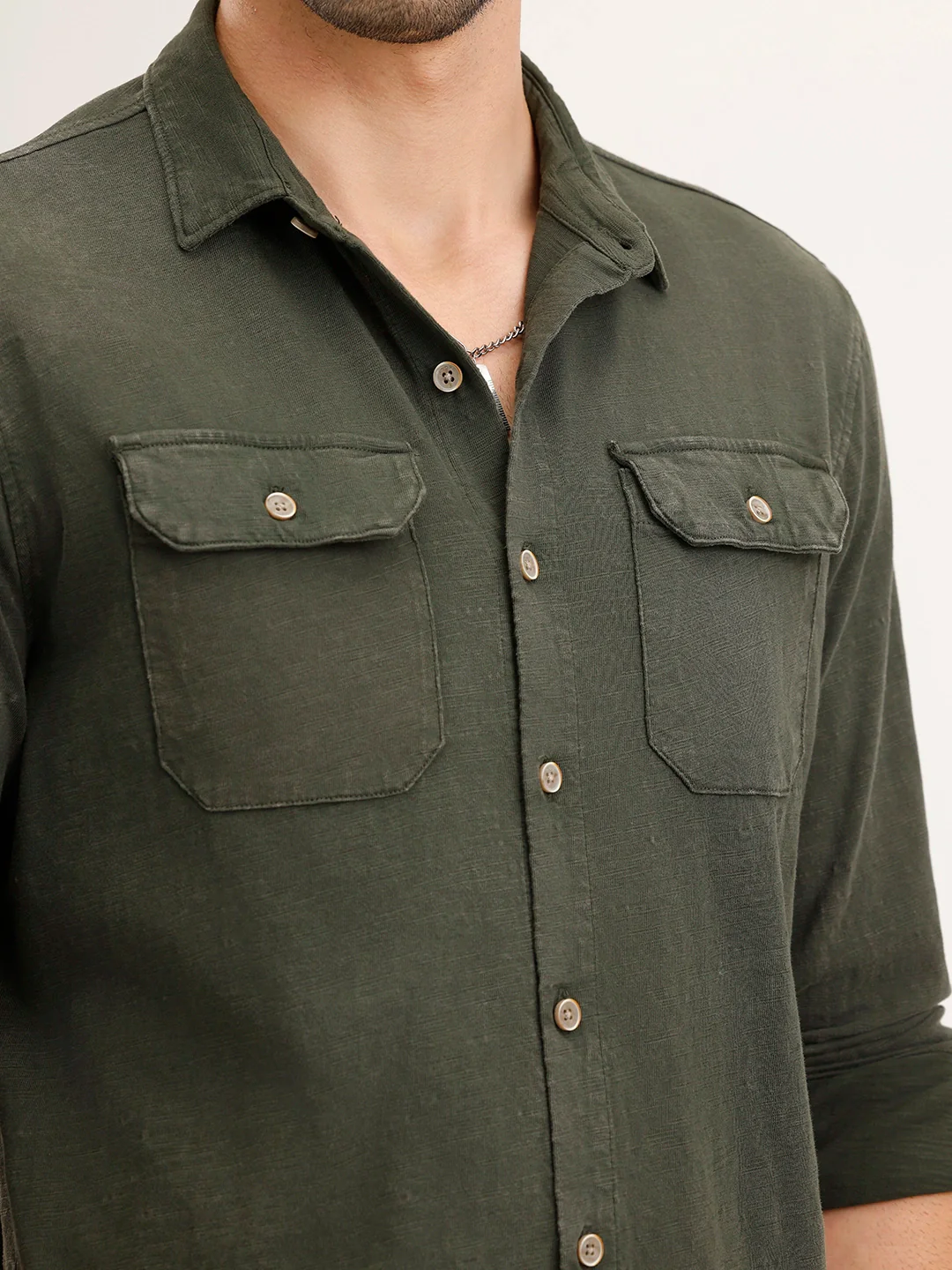 Washed Slim Fit Double Pocket Shirt | Olive - Image 5