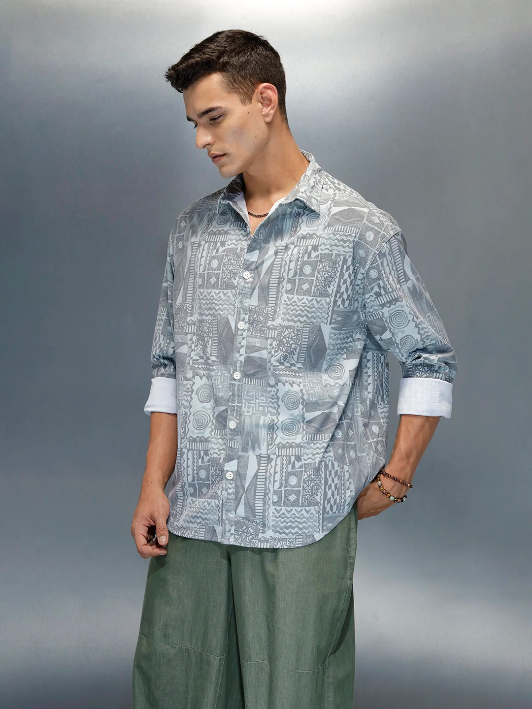 Wrogn Abstract Printed Oversized Fit Shirt | Grey - Image 4