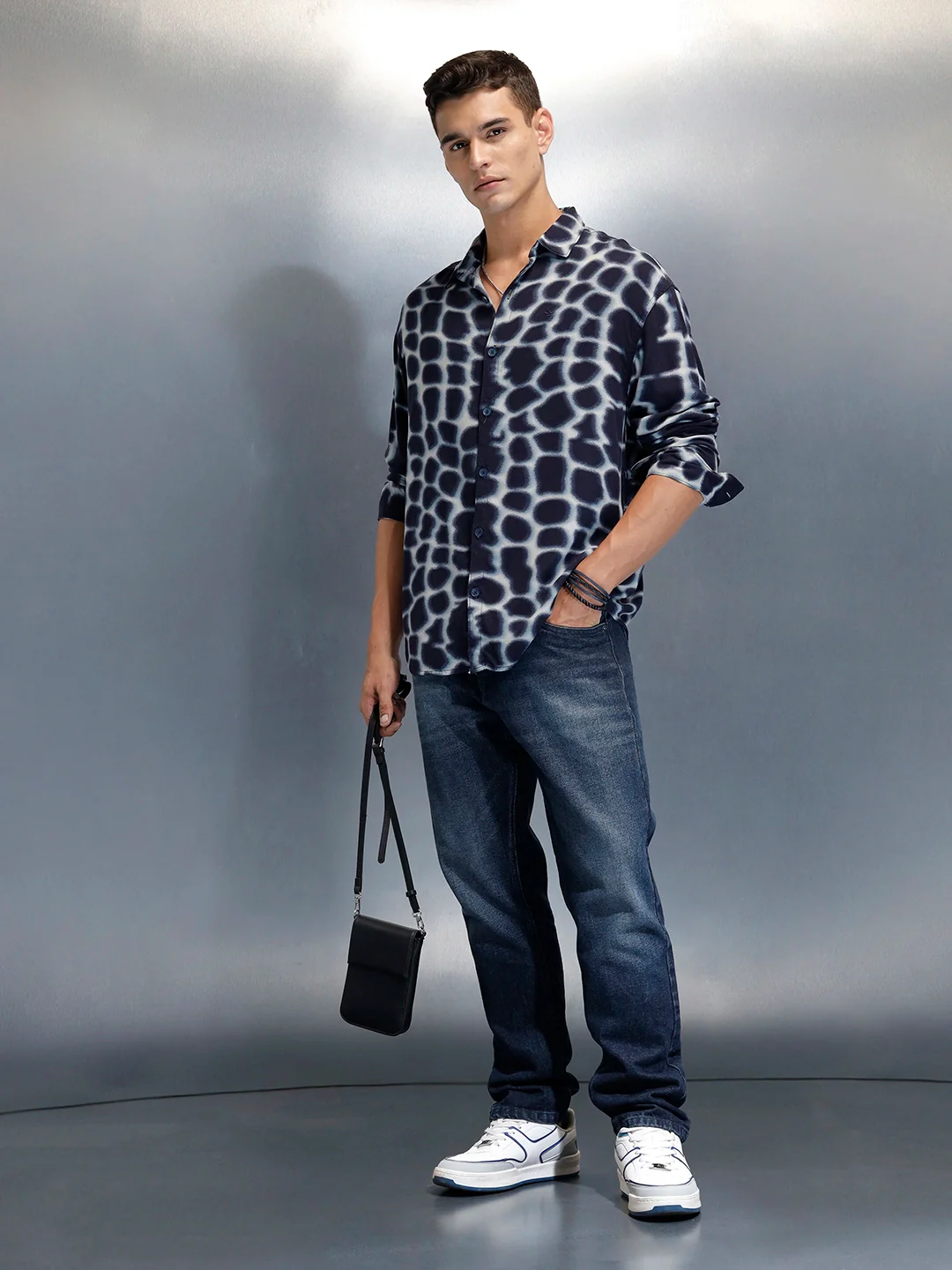 Wrogn Abstract Printed Oversized Fit Shirt | Blue - Image 2