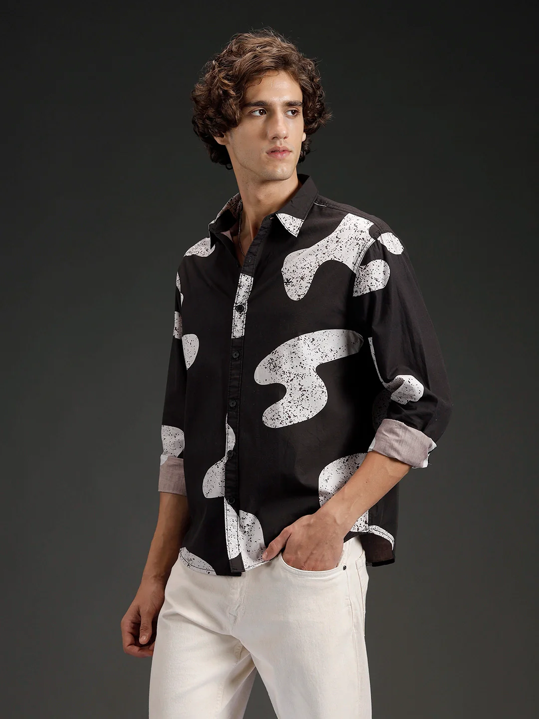 Wrogn Casual Distressed Effect Printed Shirt | Black - Image 4