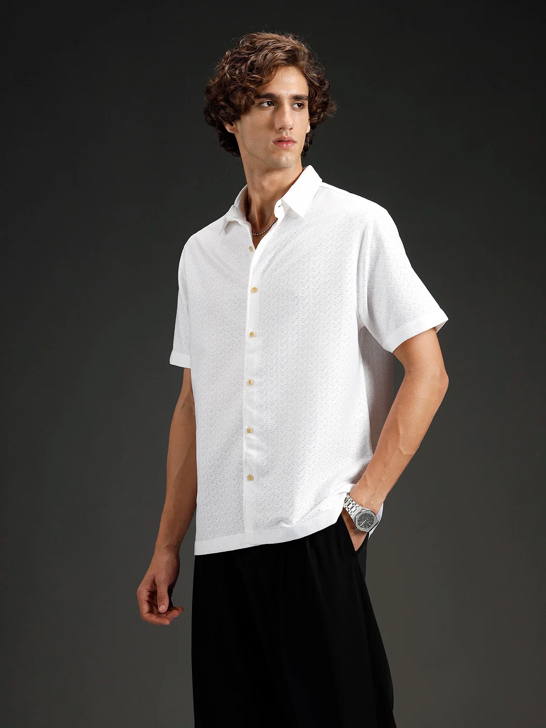 Wrogn Casual Textured Slim Fit Shirt | White - Image 4