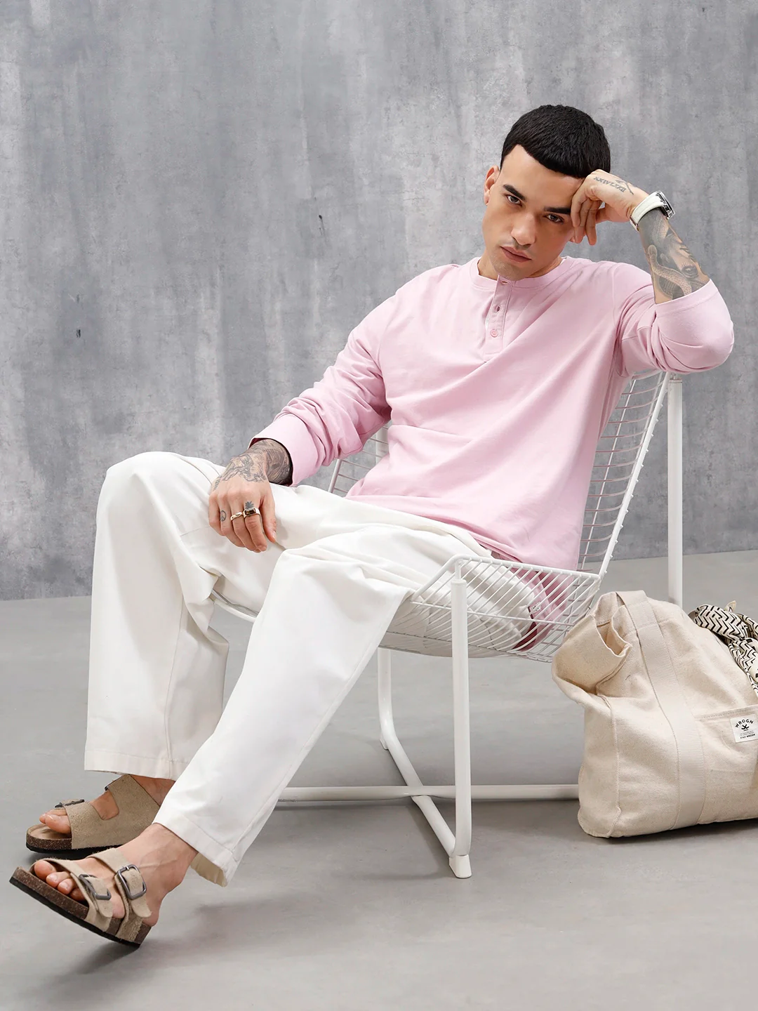 Wrogn Classic Henley T-Shirt For Men's | Pink - Image 2