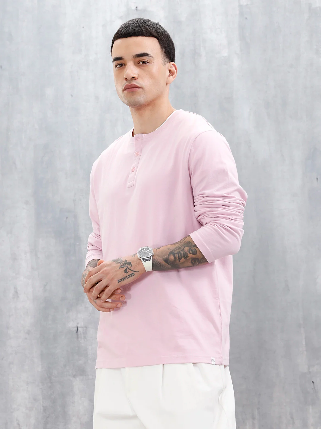 Wrogn Classic Henley T-Shirt For Men's | Pink - Image 4
