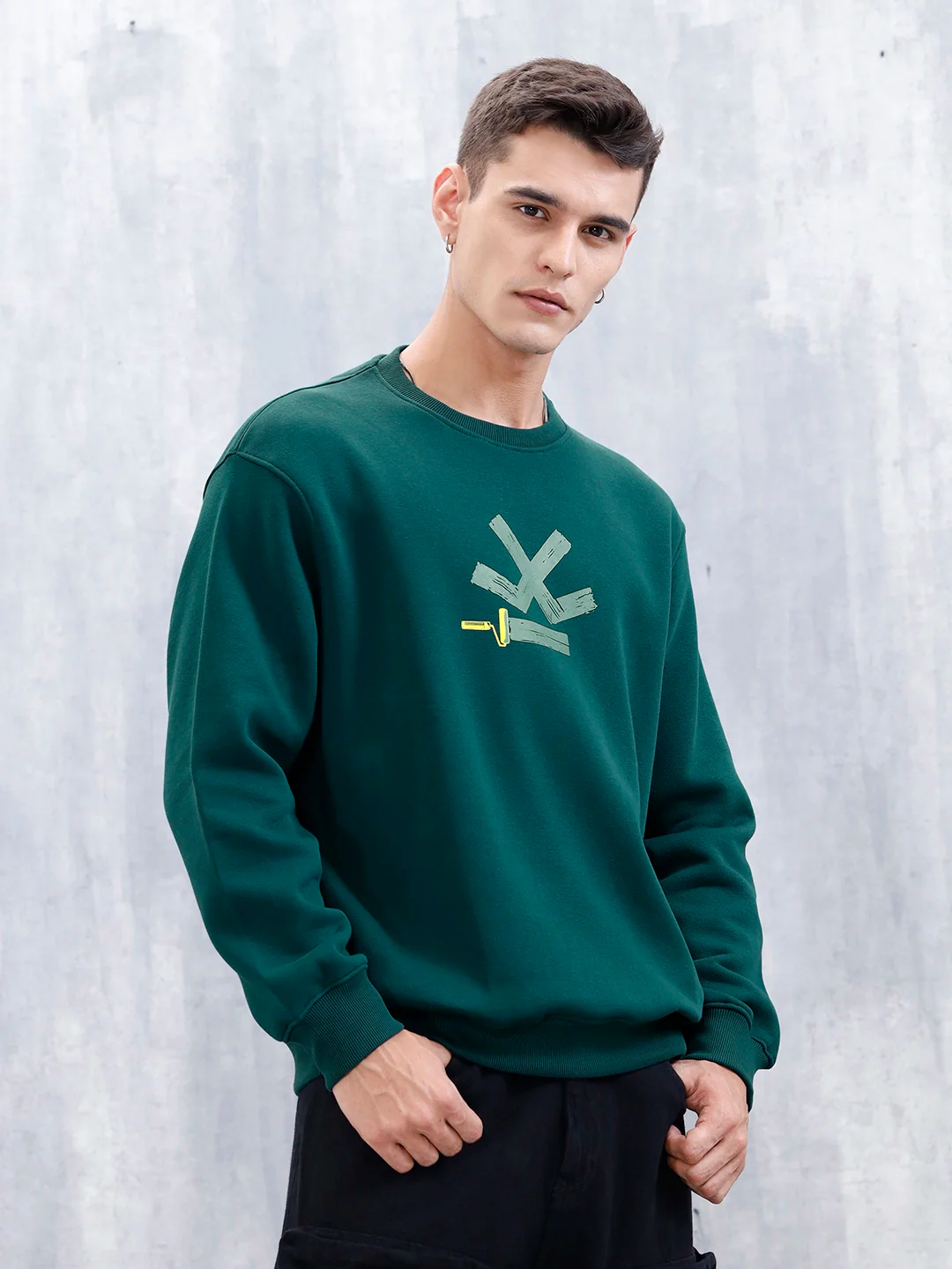 Wrogn Comfort Fit Graphic Sweatshirt For Men | Dark Green - Image 4