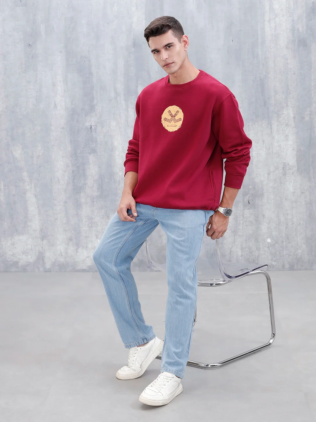 Wrogn Comfort Fit Graphic Sweatshirt For Men | Maroon - Image 2