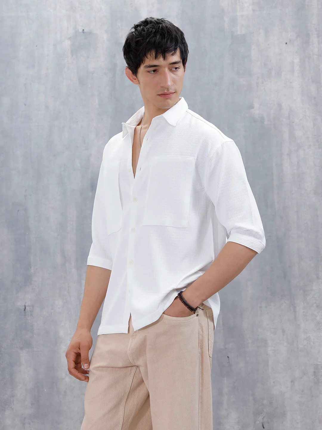 Wrogn Comfort Fit Self Textured Shirt | White - Image 4