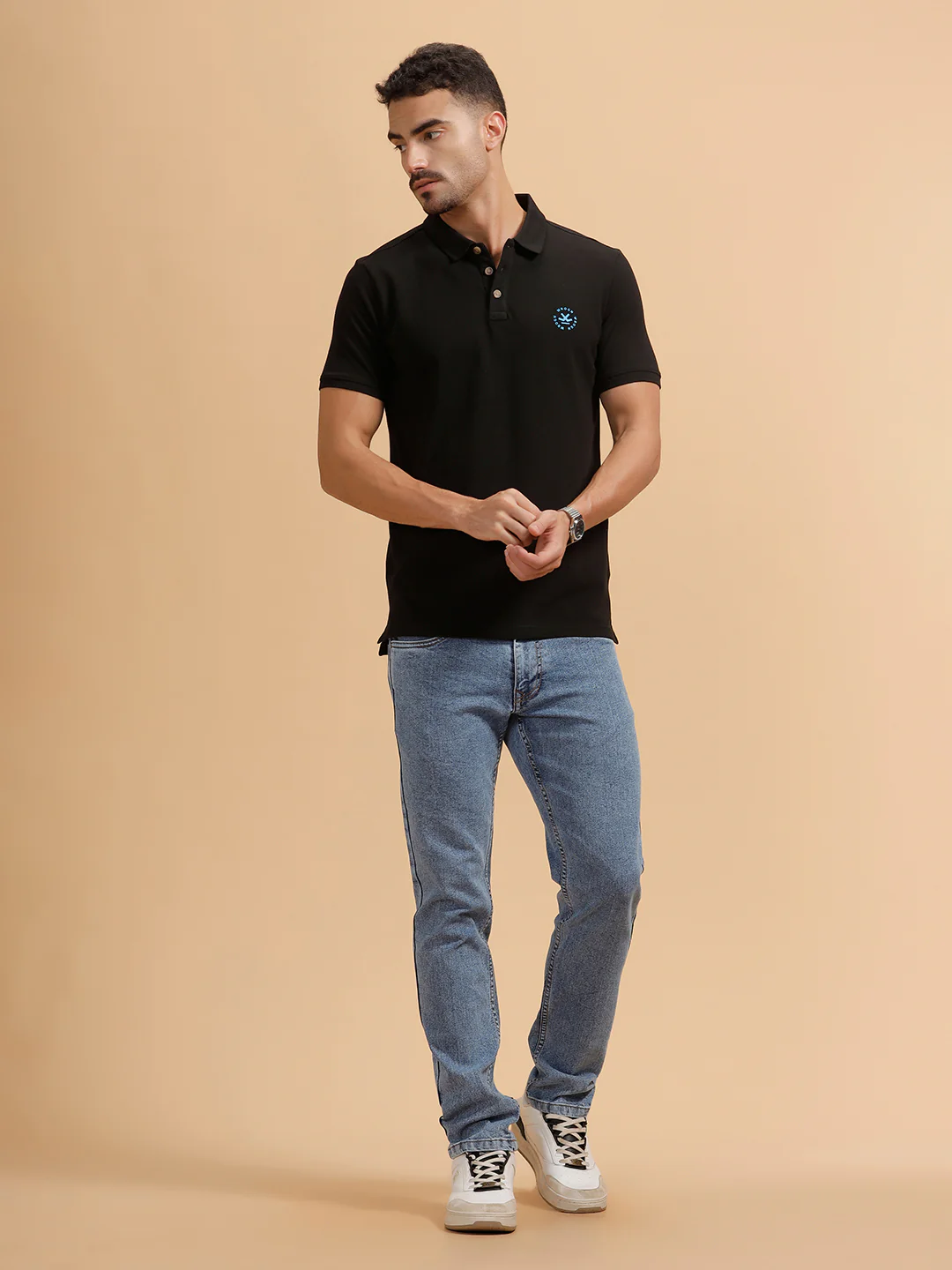 Wrogn Crest Print Polo T-Shirt | Black - Image 2