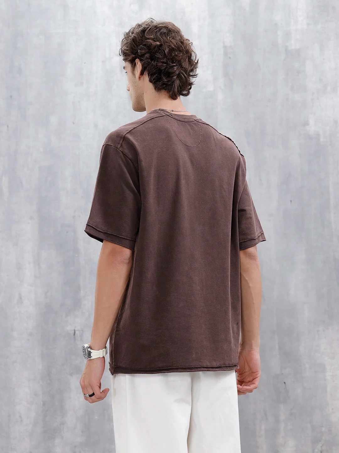 Wrogn Logo Raw-Edged Washed Tee | Dark Brown - Image 3