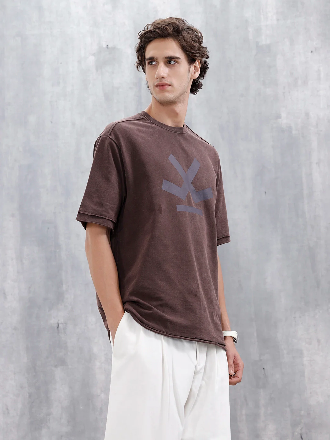 Wrogn Logo Raw-Edged Washed Tee | Dark Brown - Image 4