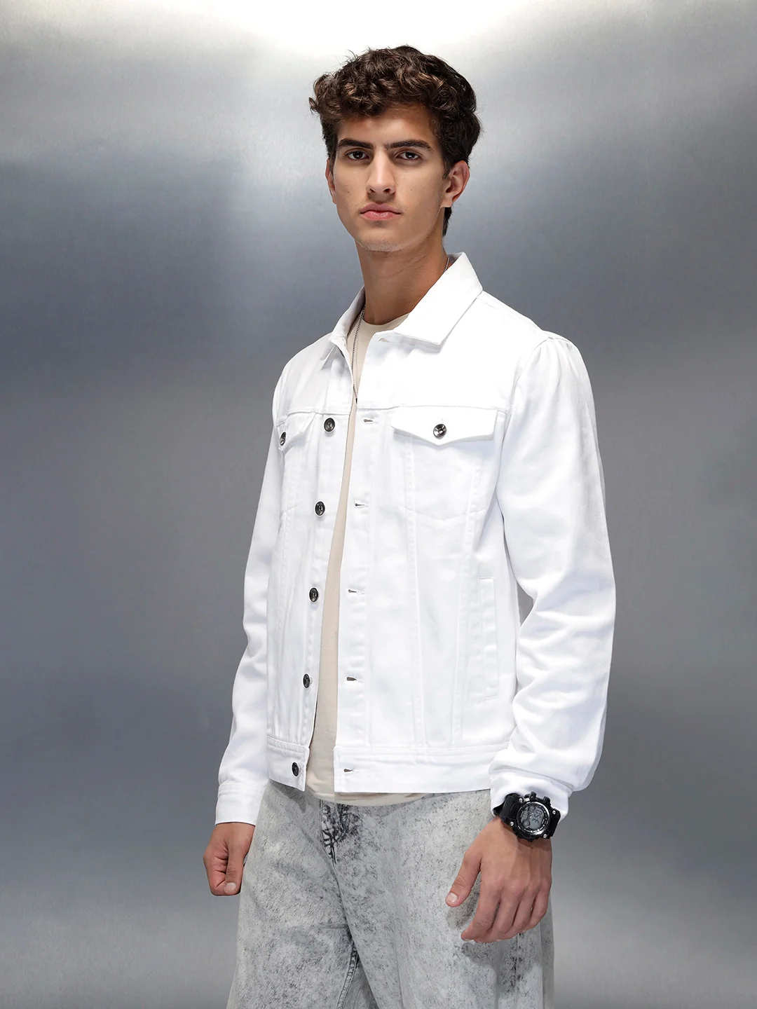 Wrogn Men’s Classic Slim Fit Denim Jacket | White - Image 4