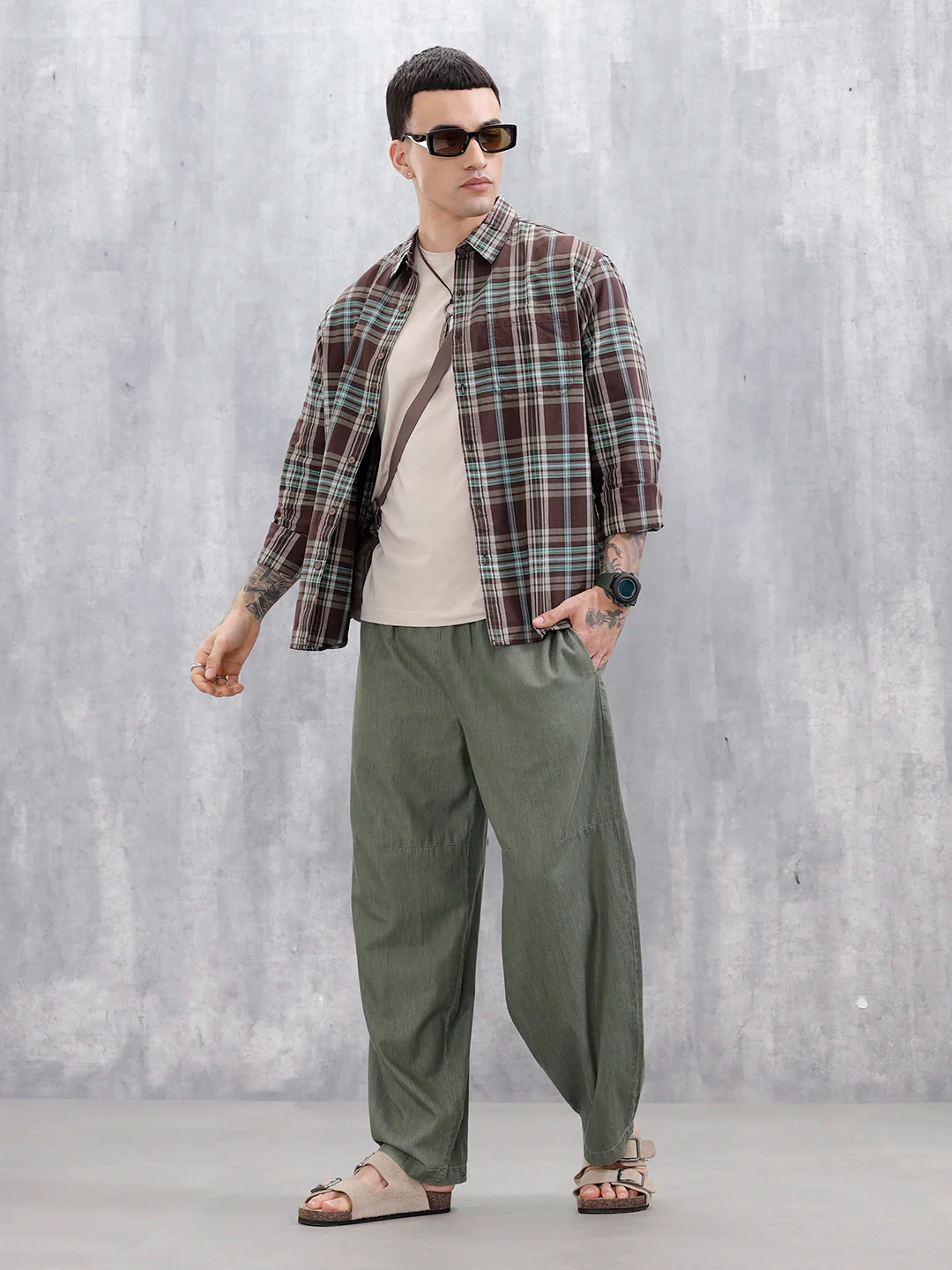 Wrogn Men’s Comfort Fit Checkered Shirt With Chest Pocket | Brown - Image 2