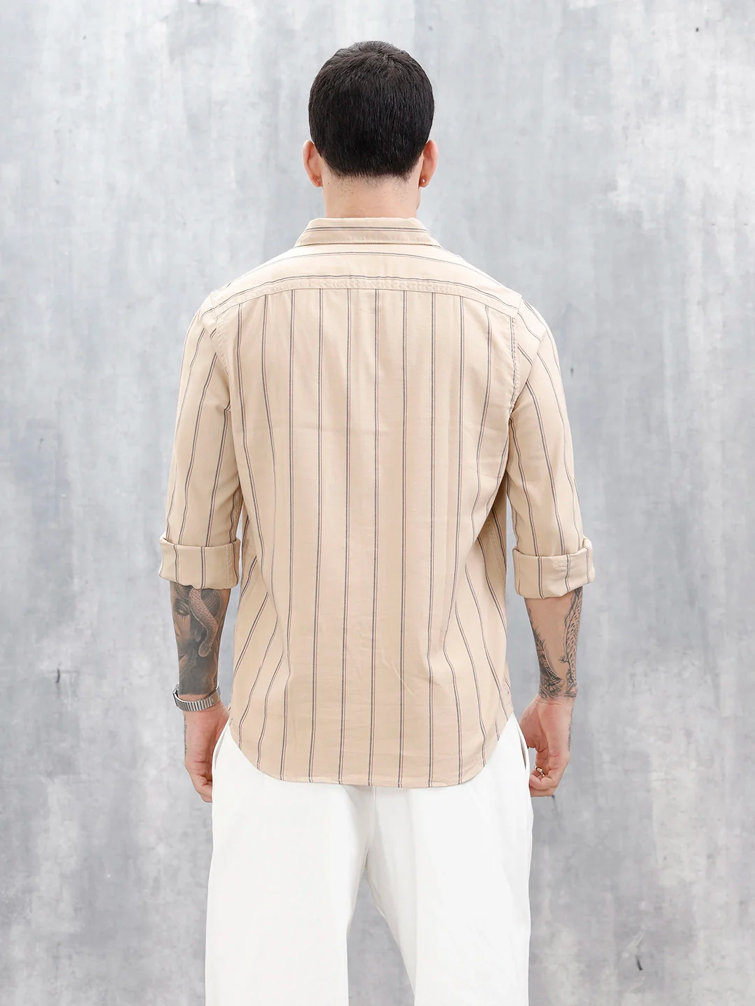 Wrogn Men’S Regular Fit Striped Shirt | Khaki - Image 3