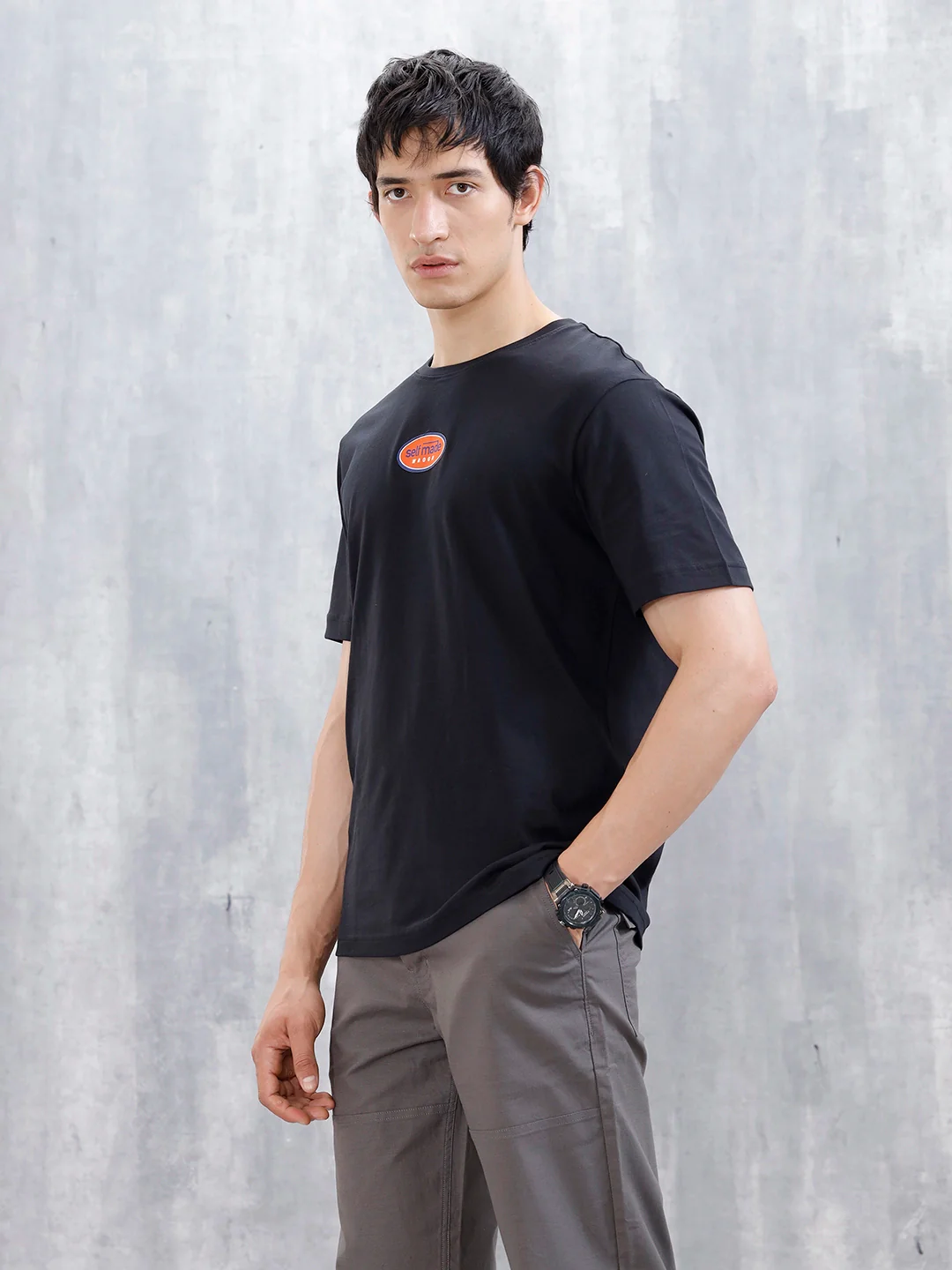 Wrogn Men's Badge Printed Graphic T-Shirt | Black - Image 3
