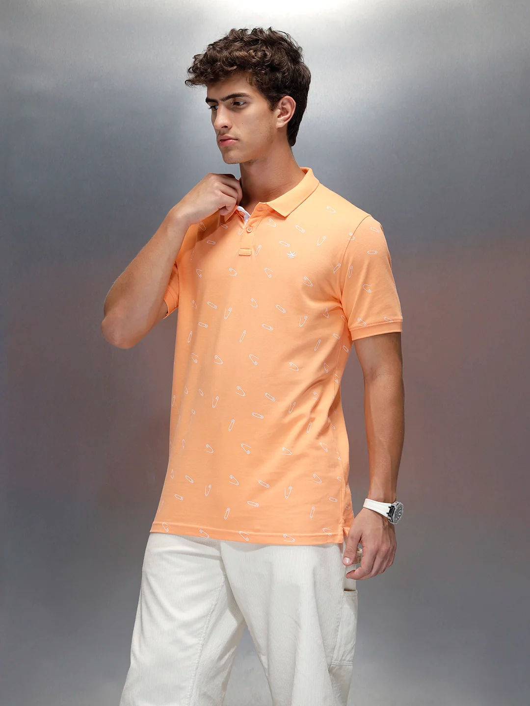 Wrogn Men's Casual All-Over-Printed Polo T-shirt | Orange - Image 4