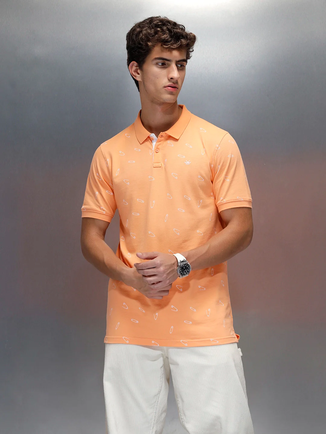 Wrogn Men's Casual All-Over-Printed Polo T-shirt | Orange - Image 5