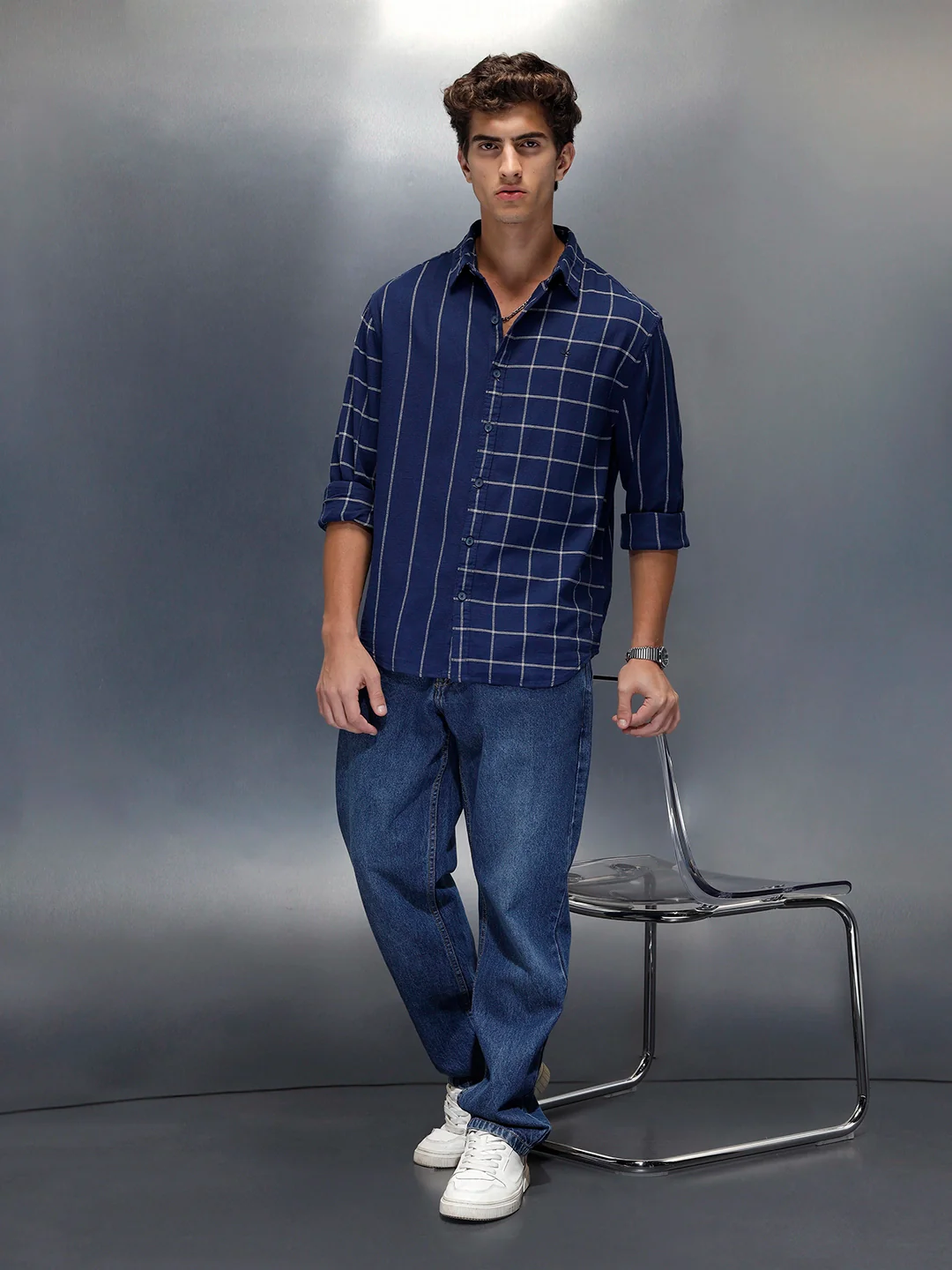 Wrogn Men's Casual Checked Shirt | Navy Blue - Image 2
