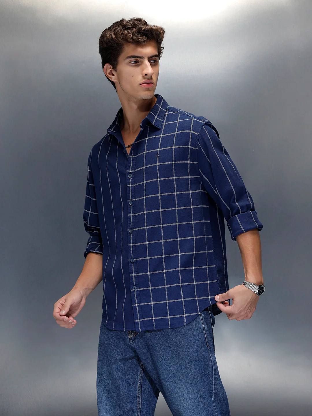 Wrogn Men's Casual Checked Shirt | Navy Blue - Image 4