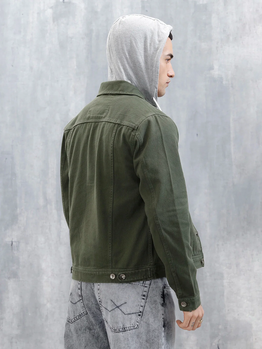 Wrogn Men's Casual Hooded Denim Jacket | Olive - Image 3