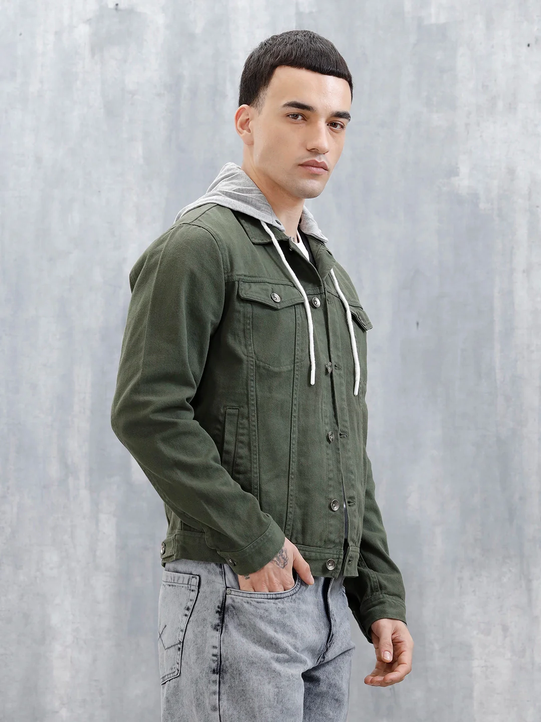 Wrogn Men's Casual Hooded Denim Jacket | Olive - Image 4