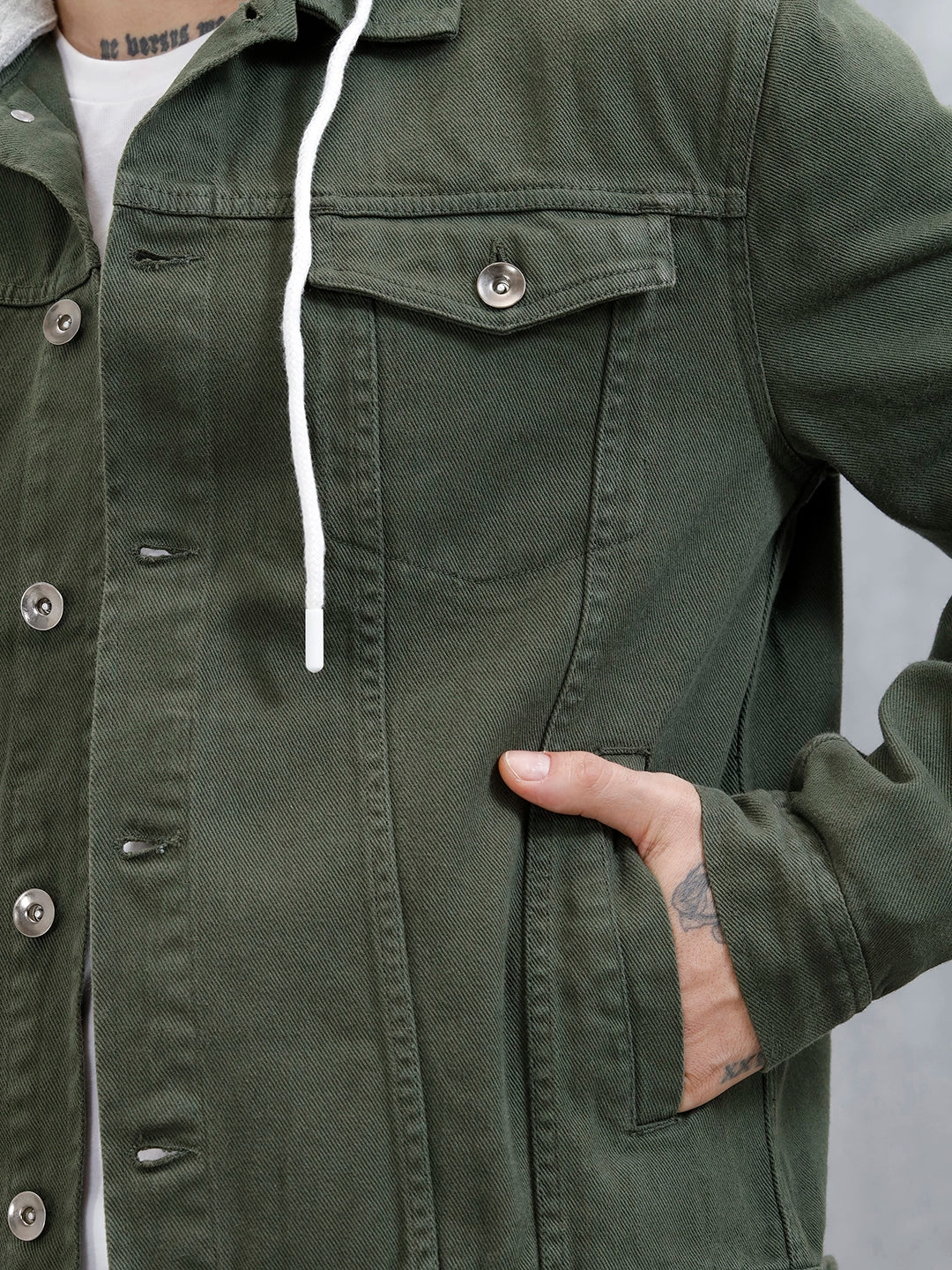 Wrogn Men's Casual Hooded Denim Jacket | Olive - Image 5