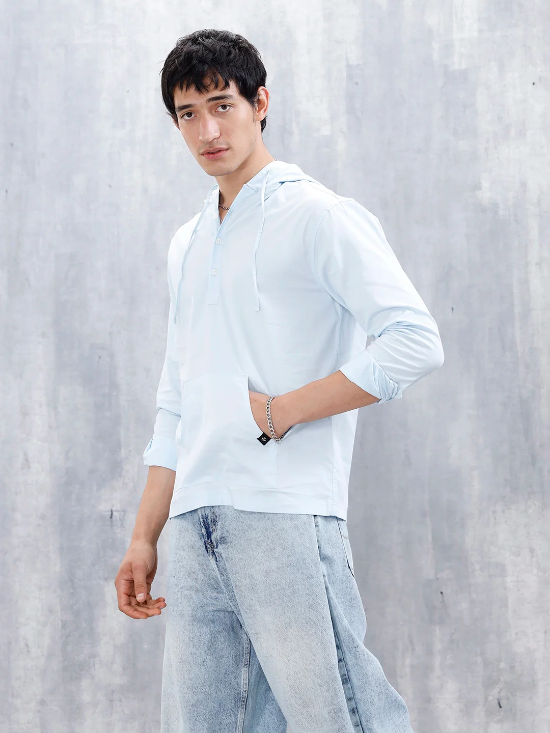 Wrogn Men's Casual Hooded Henley Shirt | Light Blue - Image 4